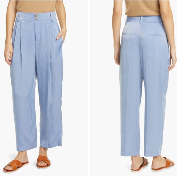 Vince Tapered Rumpled Satin High Rise Trousers Blue Pants size 8